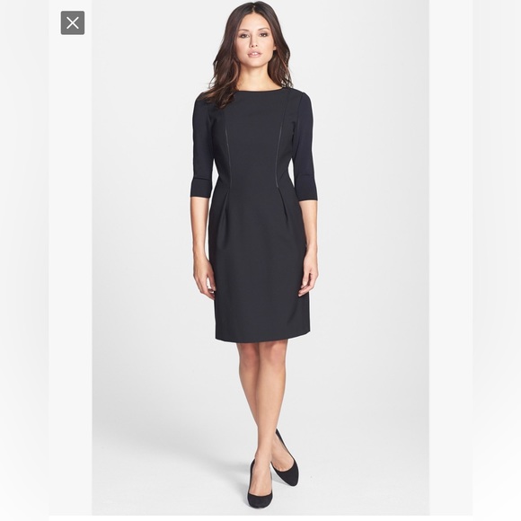 Elie Tahari Dresses & Skirts - Elie Tahari US 12 Black Leather Trimmed Sheath Dress 3/4 Sleeve Zipper L NEW